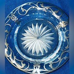 Vintage Silver Overlay Depression Glass Plate Etched 5” Round Tea Saucer